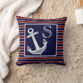 モノグラム航海のいかりネイビーブルーマルーンストライプ クッション (ブランケット)