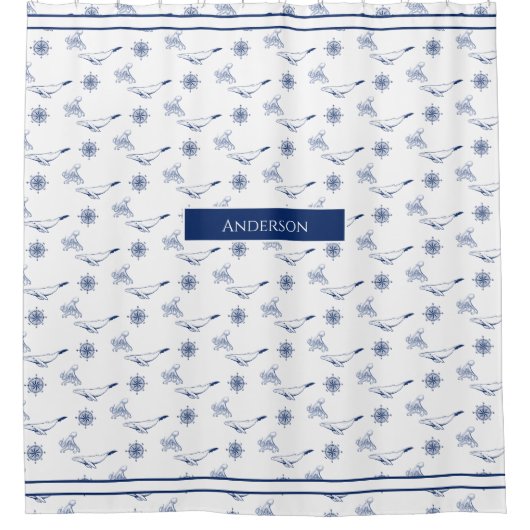 モノグラム航海のクジラとタコ海軍ホワイト シャワーカーテン (正面)