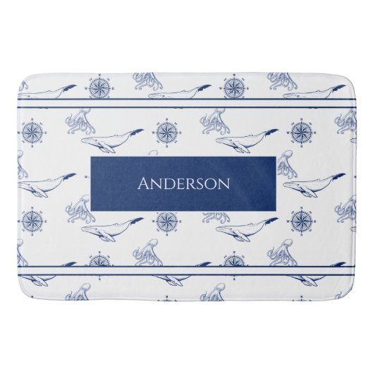モノグラム航海のクジラとタコ海軍ホワイト バスマット (正面)