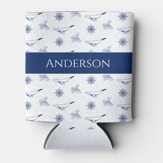 モノグラム航海のクジラとタコ海軍ホワイト 缶クーラー (正面)