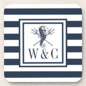モノグラム航海のシーホースネイビーブルーストライプル コースター (正面)
