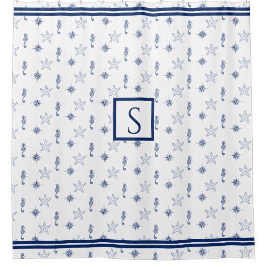 モノグラム航海のシーホース星魚海軍ブルー シャワーカーテン (正面)