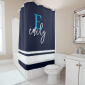 モノグラム航海のストライプネイビーブルーホワイト シャワーカーテン (インサイチュ)