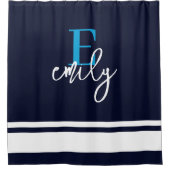 モノグラム航海のストライプネイビーブルーホワイト シャワーカーテン (正面)