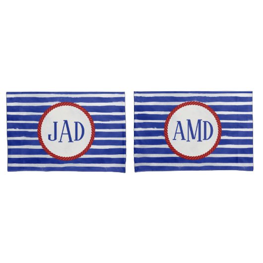 モノグラム航海のネイビーストライプのブルーウォーター色 枕カバー (フロントセット)