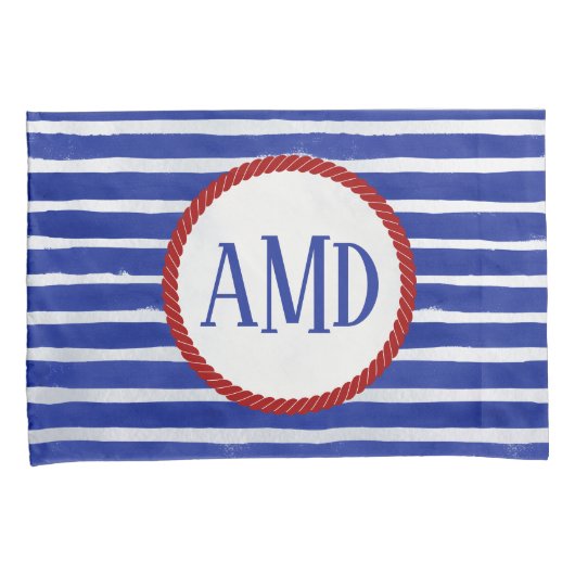 モノグラム航海のネイビーストライプのブルーウォーター色 枕カバー (正面右)