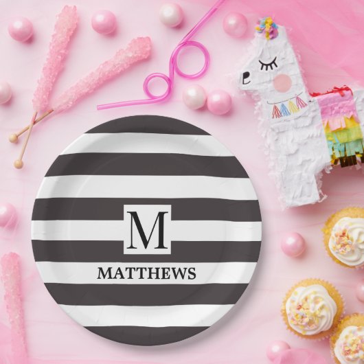 モノグラム航海のネイビーストライプブルー家族の名前 ペーパープレート (パーティー)