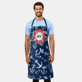 モノグラム航海のネイビーブルーいかりパターン エプロン