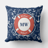 モノグラム航海のネイビーブルーいかりパターン クッション (正面)