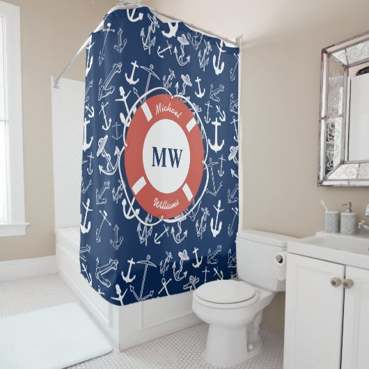 モノグラム航海のネイビーブルーいかりパターン シャワーカーテン (インサイチュ)