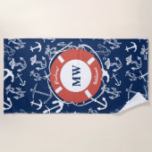モノグラム航海のネイビーブルーいかりパターン ビーチタオル (正面)