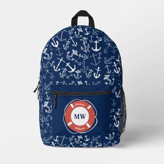 モノグラム航海のネイビーブルーいかりパターン プリントバックパック (正面)