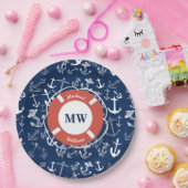 モノグラム航海のネイビーブルーいかりパターン ペーパープレート (パーティー)