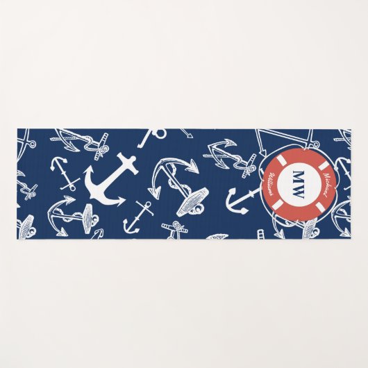 モノグラム航海のネイビーブルーいかりパターン ヨガマット (正面(横))