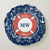 モノグラム航海のネイビーブルーいかりパターン ラウンドクッション (裏面)