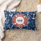 モノグラム航海のネイビーブルーいかりパターン ランバークッション (ブランケット)