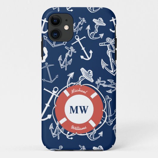 モノグラム航海のネイビーブルーいかりパターン Case-Mate iPhoneケース (裏面)