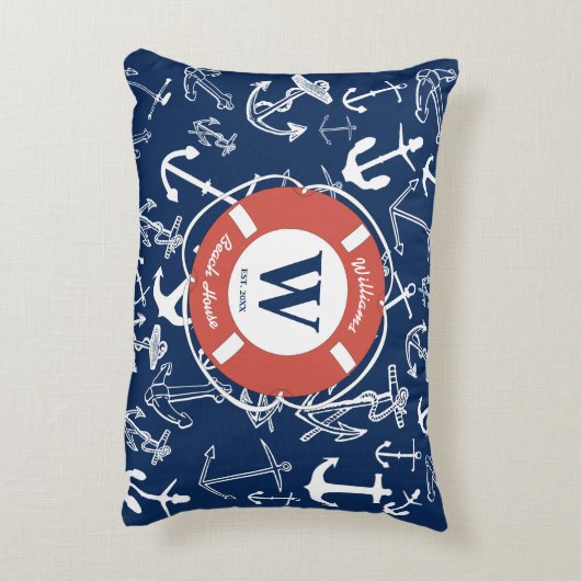 モノグラム航海のネイビーブルーいかりビーチハウス アクセントクッション (裏面(縦))