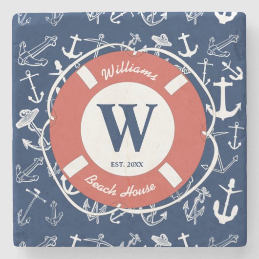 モノグラム航海のネイビーブルーいかりビーチハウス ストーンコースター (正面)