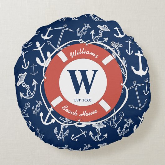 モノグラム航海のネイビーブルーいかりビーチハウス ラウンドクッション (裏面)