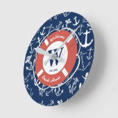 モノグラム航海のネイビーブルーいかりビーチハウス ラウンド壁時計 (傾斜)