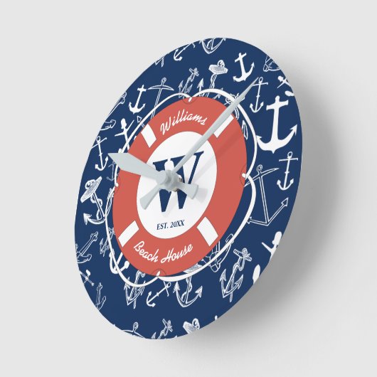 モノグラム航海のネイビーブルーいかりビーチハウス ラウンド壁時計 (傾斜)