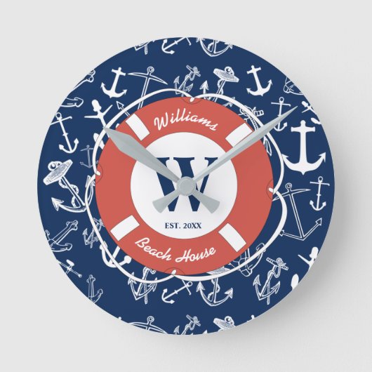 モノグラム航海のネイビーブルーいかりビーチハウス ラウンド壁時計 (正面)