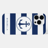 モノグラム航海のネイビーブルーホワイトストライプいかり iPhoneケース (裏面横)