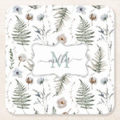 モノグラム花とシダ離れフローラ植物学 スクエアペーパーコースター (正面)