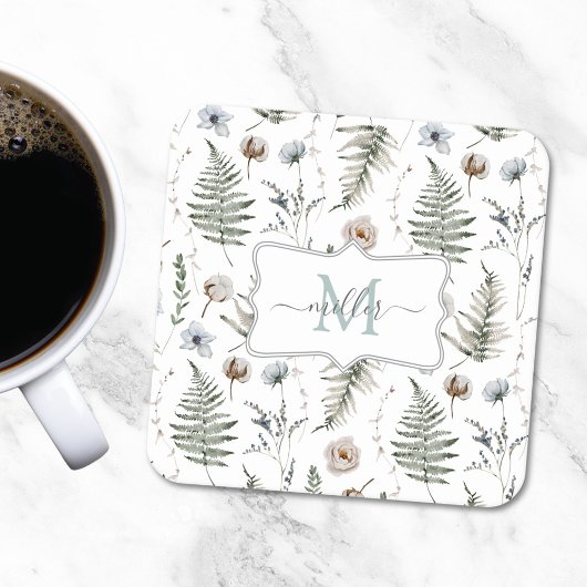 モノグラム花とシダ離れフローラ植物学 スクエアペーパーコースター
