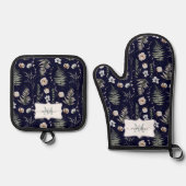 モノグラム花とシダ離れフローラ植物学 鍋つかみ&鍋敷きセット (正面)