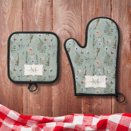 モノグラム花とシダ離れフローラ植物学 鍋つかみ&鍋敷きセット