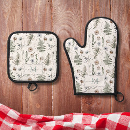 モノグラム花とシダ離れフローラ植物学 鍋つかみ&鍋敷きセット