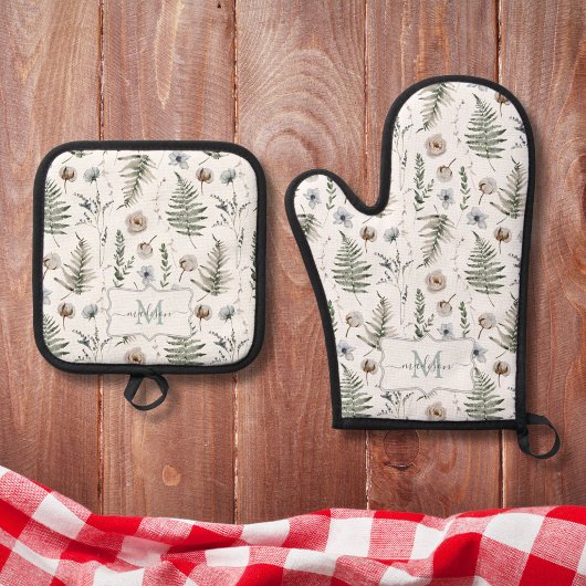 モノグラム花とシダ離れフローラ植物学 鍋つかみ&鍋敷きセット