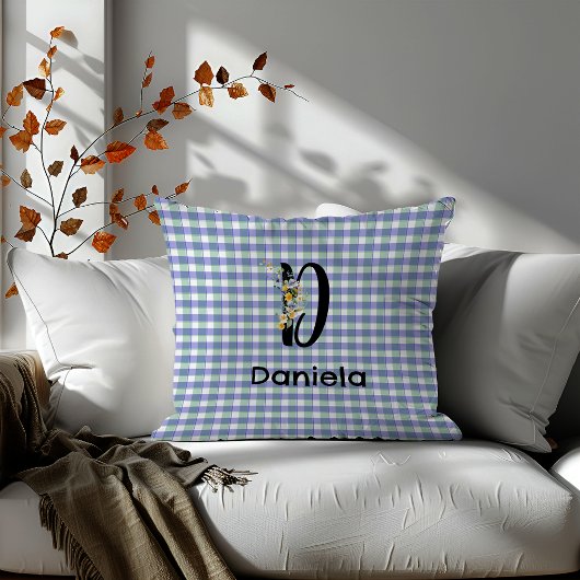 モノグラム花レトロなギンガムブルーグリーン クッション