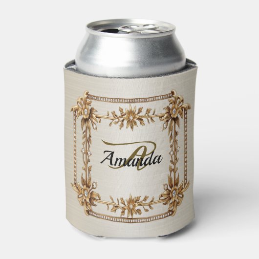 モノグラム華美金ゴールド長方形ディモンド花シャイニー 缶クーラー (缶正面)