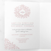 モノグラム葉ダスティ結婚バラのオールインワン 三つ折り招待状 (内部最初)