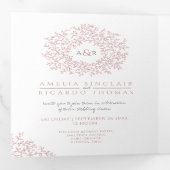 モノグラム葉ダスティ結婚バラのオールインワン 三つ折り招待状 (内部最初)