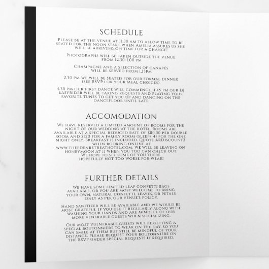 モノグラム葉ハートアート結婚白黒 三つ折り招待状 (内部最初)