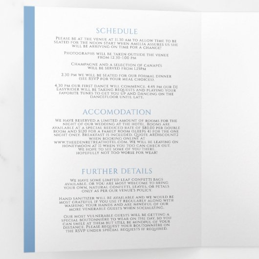 モノグラム葉ハート淡青色結婚白 三つ折り招待状 (内部最初)