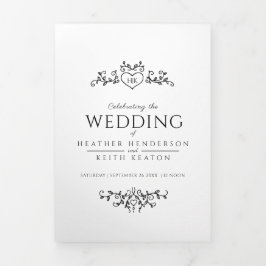 モノグラム葉ハート結婚白黒のオールインワン 三つ折り招待状