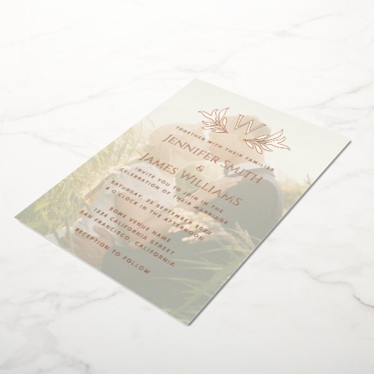 モノグラム葉フォトエレガントな結婚式 箔招待状 (回転した状態)