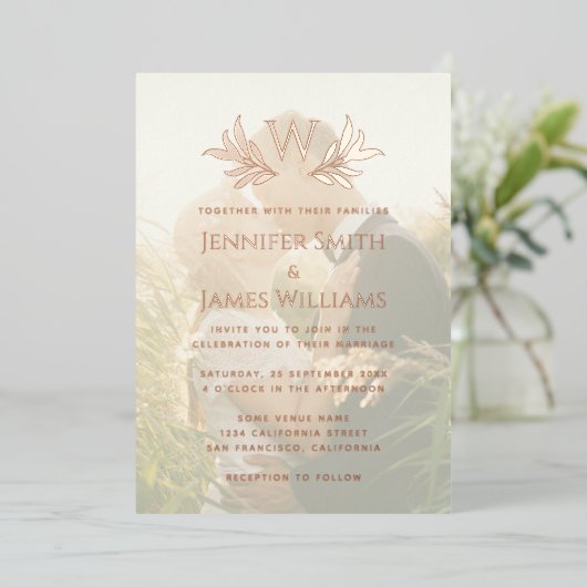 モノグラム葉フォトエレガントな結婚式 箔招待状 (立ち正面)