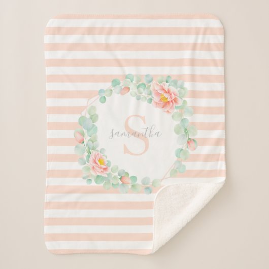モノグラム葉ユーカリフローラ桃ストライプ シェルパブランケット (正面)