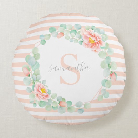モノグラム葉ユーカリフローラ桃ストライプ ラウンドクッション (正面)