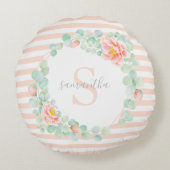 モノグラム葉ユーカリフローラ桃ストライプ ラウンドクッション (裏面)