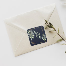 モノグラム葉ユーカリ結婚の緑 スクエアシール