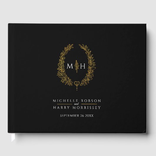 モノグラム葉楕円ハート結婚白黒 ゲストブック (正面)