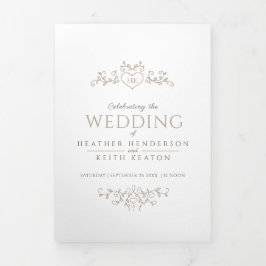 モノグラム葉茶色タン白結婚色 三つ折り招待状