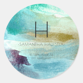 モノグラム虹色アクアブルーブラシ水色 ラウンドシール